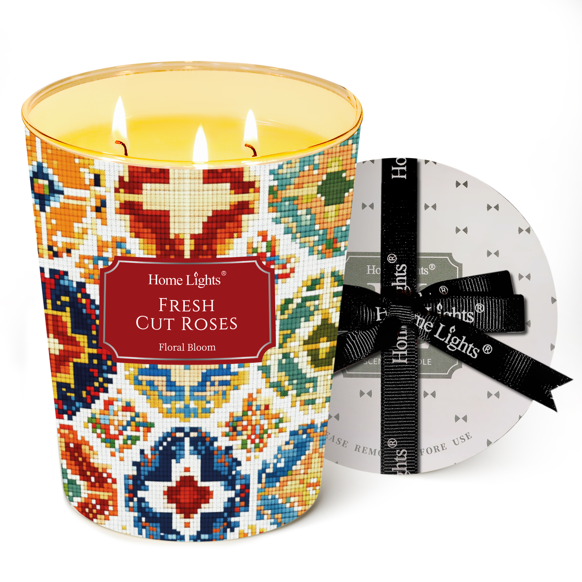 Picture of HomeLights 3-Wick Candles for Home Scented - 34oz Soy Wax Blend Candle Long-Lasting Fragrance, Bohemian Natural Textures Home Decor and Housewarming Gifts, Fresh Cut Roses