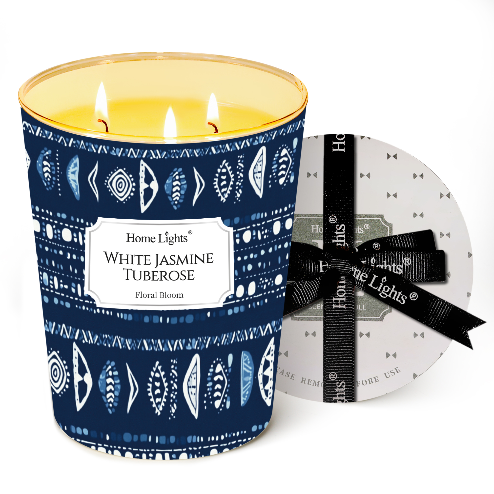 Picture of HomeLights Scented Candles for Women & Men, 34oz Candle Jars Aromatherapy 3-Wick Candle, Ideal for Bohemian Natural Textures Home Decor and Gifts, White Jasmine Tuberose