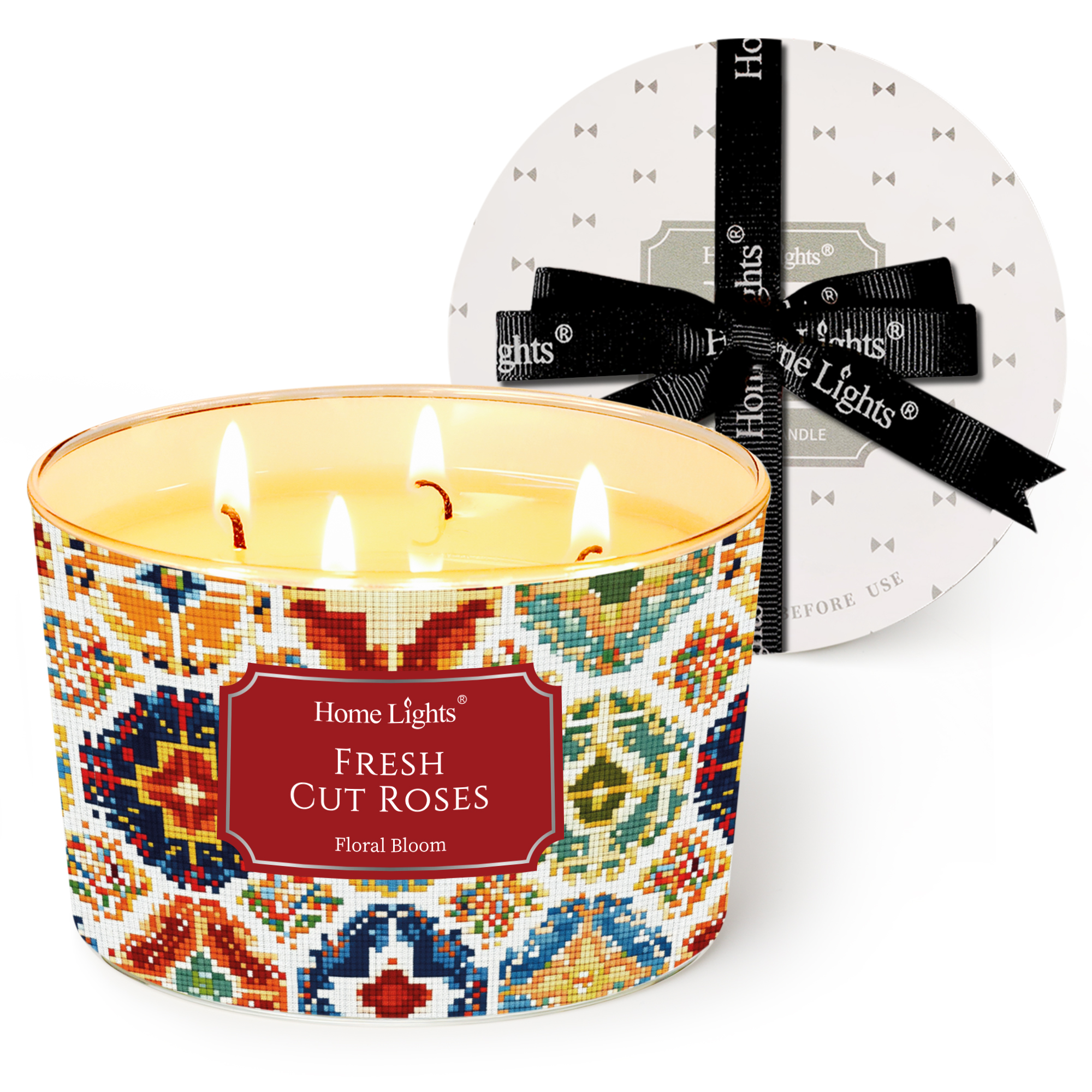 Picture of HomeLights 4-Wick Candles for Home Scented - 18oz Soy Wax Blend Candle Long-Lasting Fragrance, Bohemian Natural Textures Home Decor and Housewarming Gifts, Fresh Cut Roses