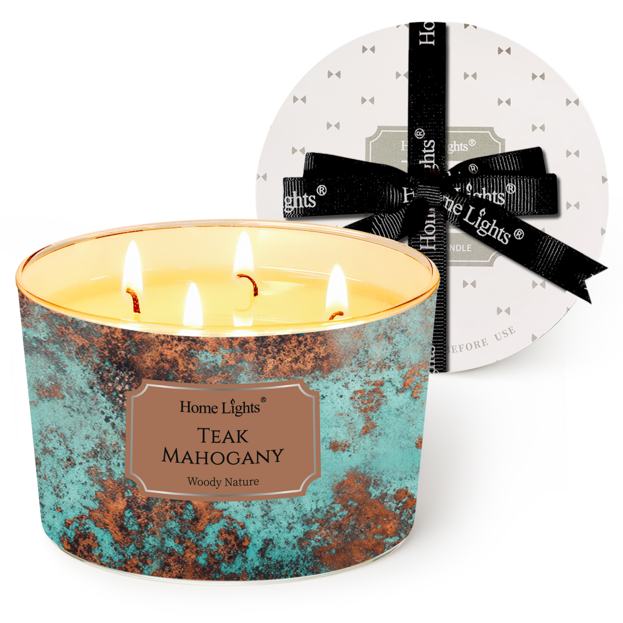 Picture of HomeLights Large jar Candle | 4-Wick Long-Lasting Scented Candles, 18oz Natural Soy Wax Candle for Home Scented, Industrial Chic Gifts for Women & Men, Teak Mahogany