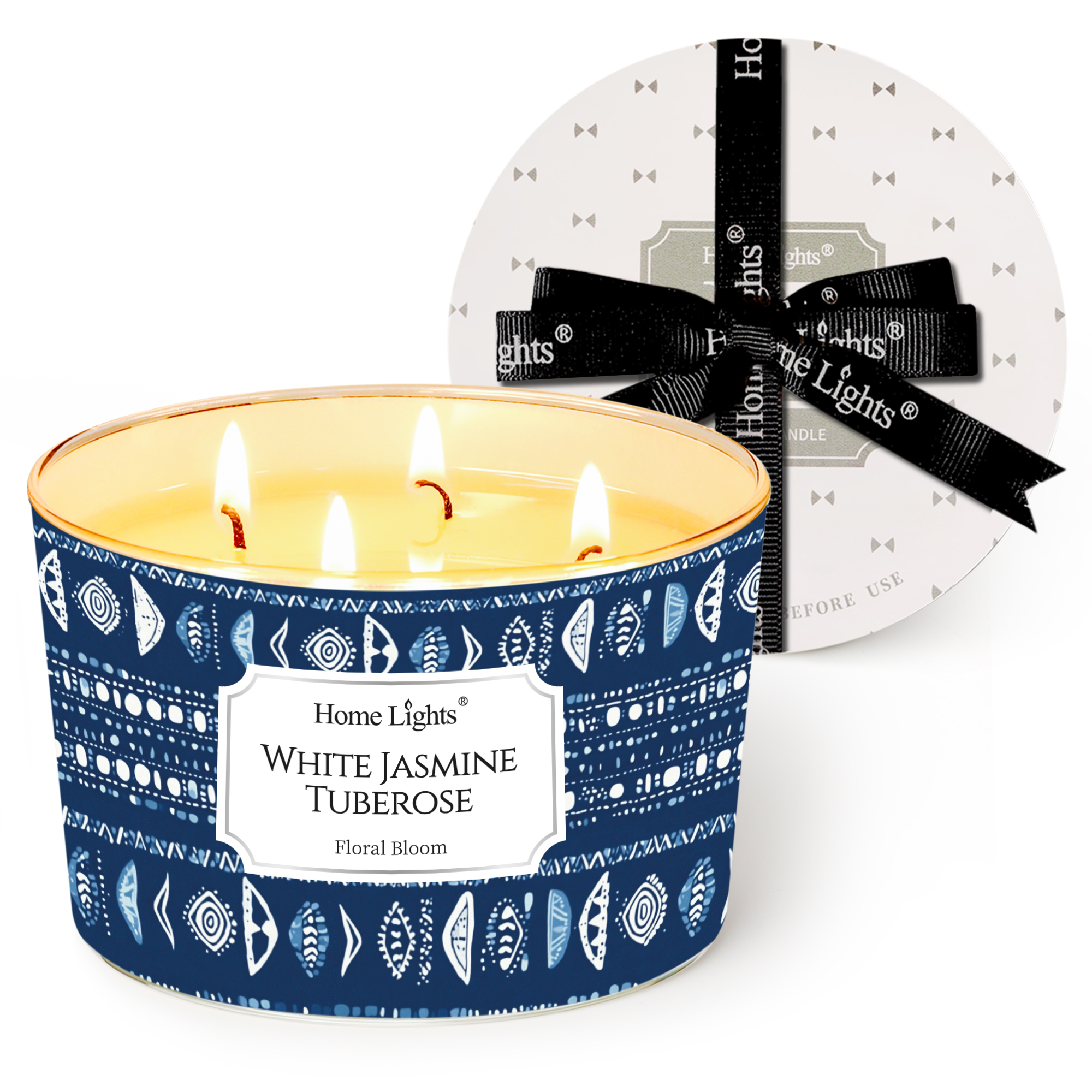 Picture of HomeLights Scented Candles for Women & Men, 18oz Candle Jars Aromatherapy 4-Wick Candle, Ideal for Bohemian Natural Textures Home Decor and Gifts, White Jasmine Tuberose