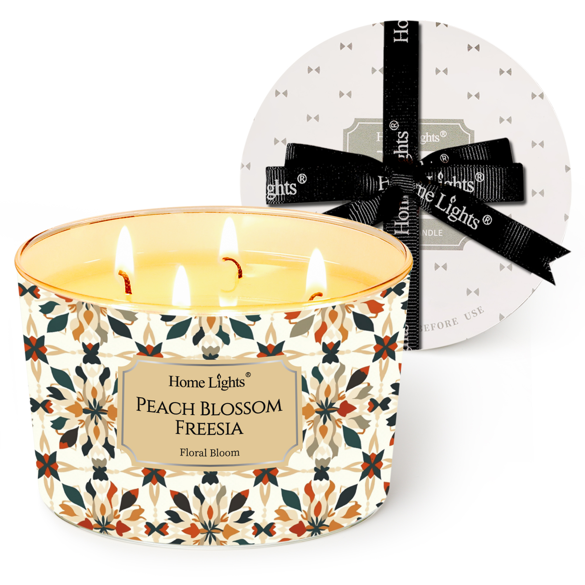 Picture of HomeLights Soy Wax Candles for Home Scented, 4-Wick Candles in Peach Blossom Freesia Scented, Aromatherapy Candles Gift for Parties, Relaxing, Bohemian Natural Textures, 18oz