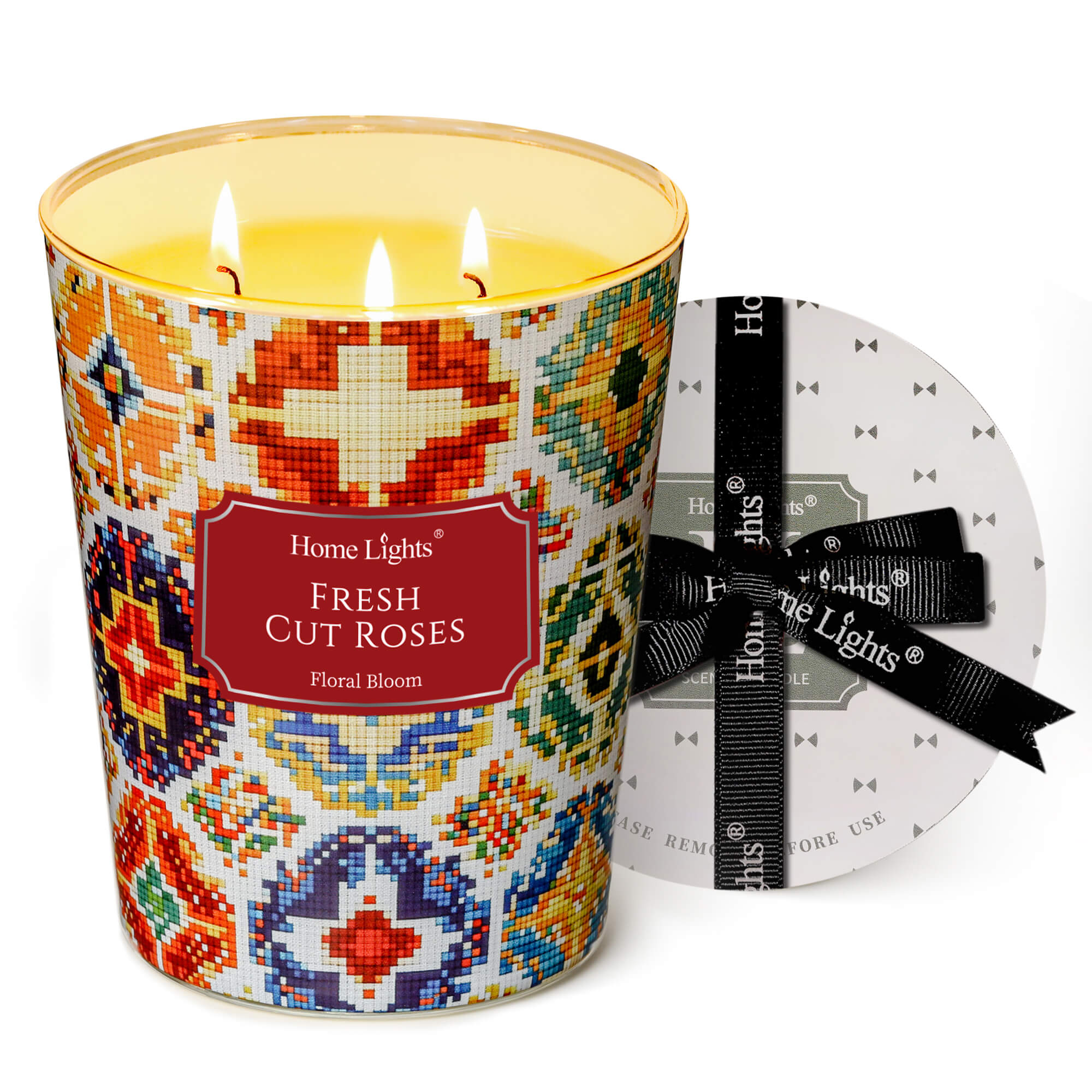 Picture of HomeLights 3-Wick Candles for Home Scented - 34oz Soy Wax Blend Candle Long-Lasting Fragrance, Bohemian Natural Textures Home Decor and Housewarming Gifts, Fresh Cut Roses