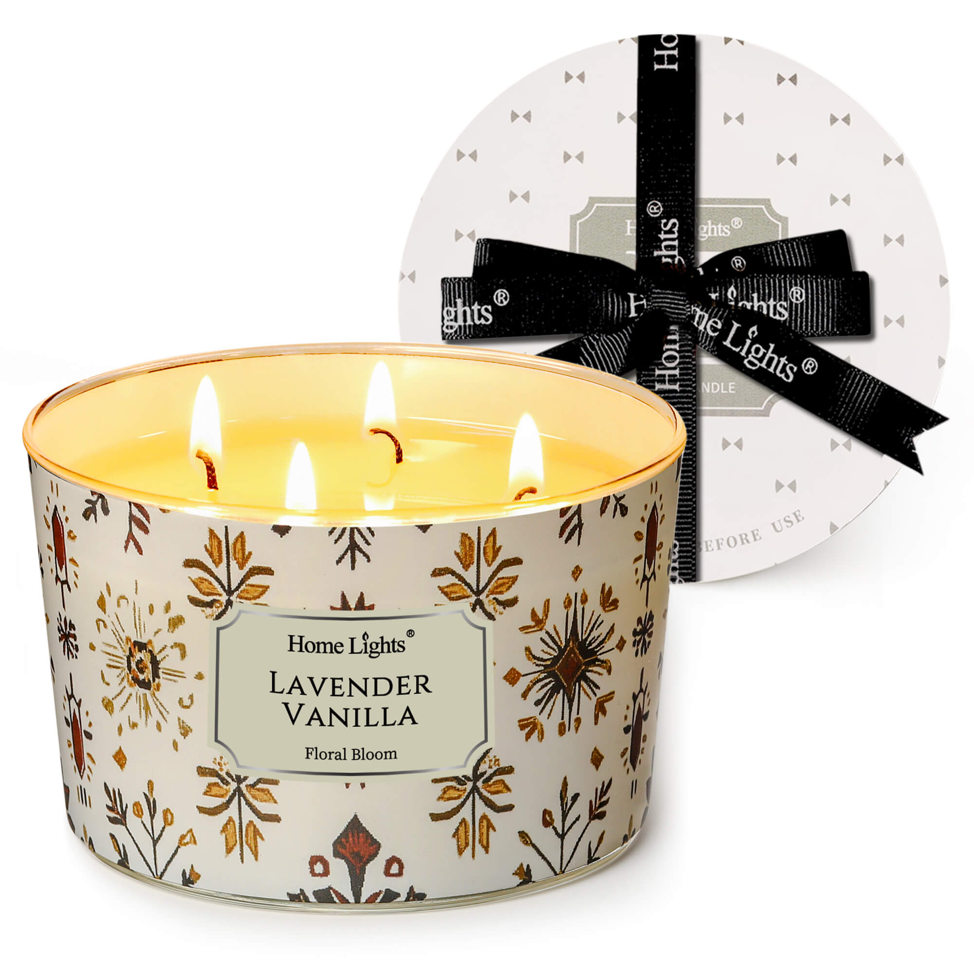 Picture of HomeLights Large jar Candle | 4-Wick Long-Lasting Scented Candles, 18oz Natural Soy Wax Candle for Home Scented, Bohemian Natural Textures Gifts for Women & Men, Lavender Vanilla