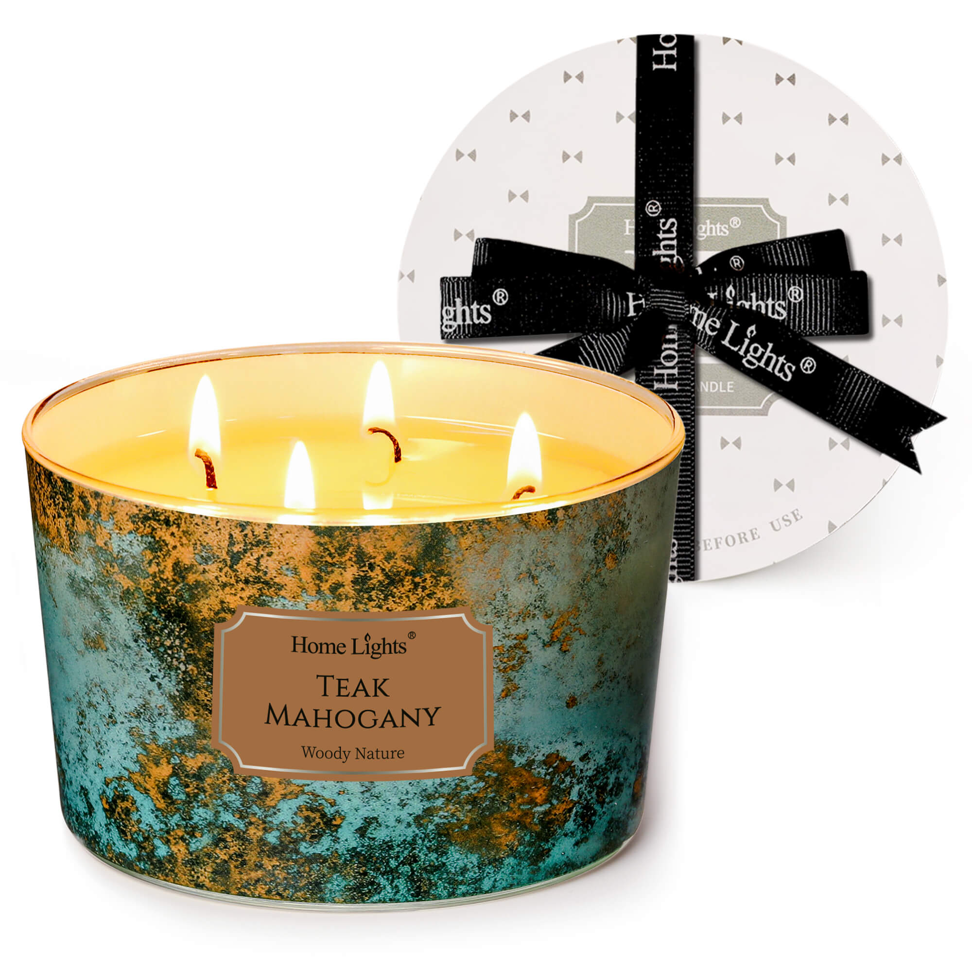 Picture of HomeLights Large jar Candle | 4-Wick Long-Lasting Scented Candles, 18oz Natural Soy Wax Candle for Home Scented, Industrial Chic Gifts for Women & Men, Teak Mahogany
