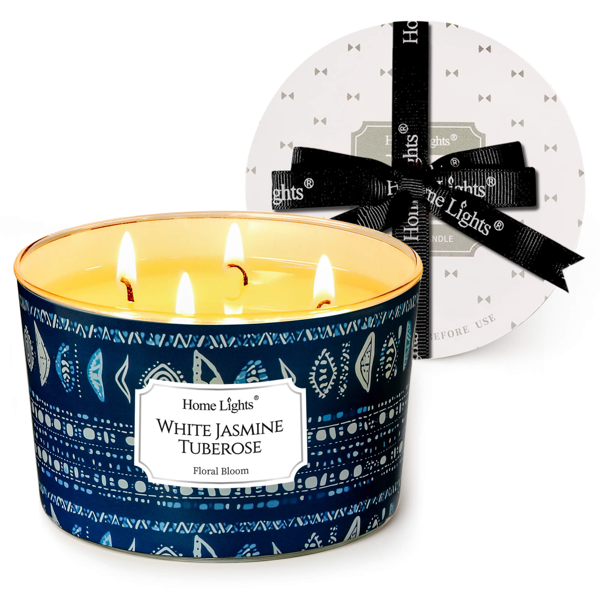 Picture of HomeLights Scented Candles for Women & Men, 18oz Candle Jars Aromatherapy 4-Wick Candle, Ideal for Bohemian Natural Textures Home Decor and Gifts, White Jasmine Tuberose